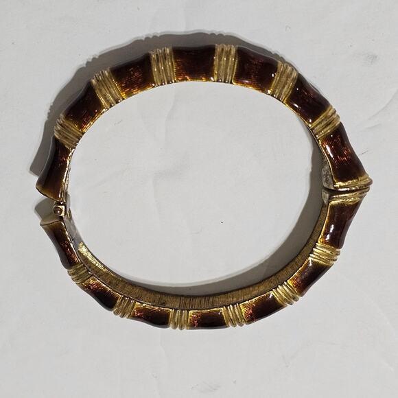 Kenneth Jay Lane Gold Plated Enamel‎ Bamboo Hinged Bangle Bracelet - Picture 6 of 7